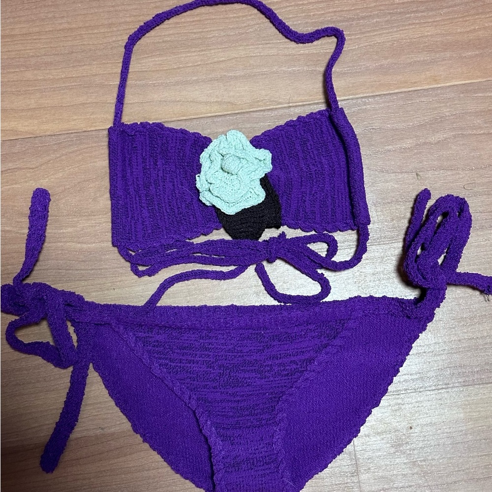 Baby Paige Purple Knit 2 Piece Bikini Bathing Suit with Flower Detail Medium